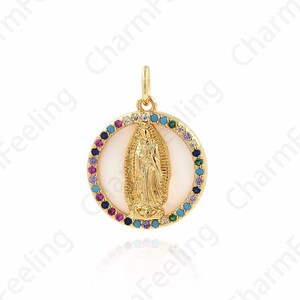 Micropavé CZ Religious Necklace, Shell  Maria Pendant, 18K Gold Filled Catholic Charm, Round Pendant, DIY Jewelry Supplies, 20.6X15.6X3.6mm