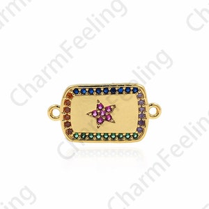 Micropave CZ Rectangular Connector, Zircon Connector, Rectangular Charm, 18K Gold Filled Star Connector, Polaris Charm, 10x20x1.8mm