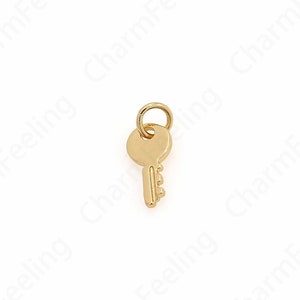 Pode incluir: Um pingente de chave dourado. A chave tem uma cabeça redonda e um design simples.