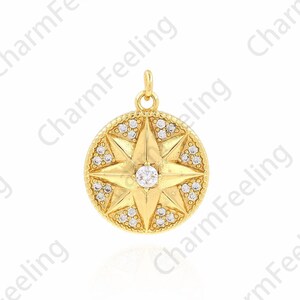Micropavé CZ Star Charm, Colgante Polaris, Dije Redondo, Collar Estrella Relleno de Oro de 18 K, Suministros de Joyería DIY, 16.7x21.5x4.5mm