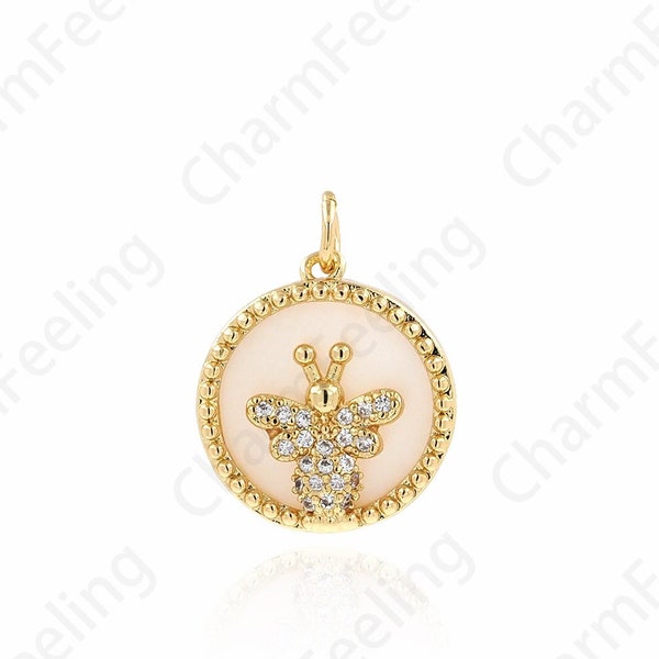 Shell Bee charm,18K Gold Filled Coin Necklace,Micropavé Cubic Zirconia Bee Pendant,Bee King Necklace,DIY Jewelry Component 20.6X15.6X3.6mm