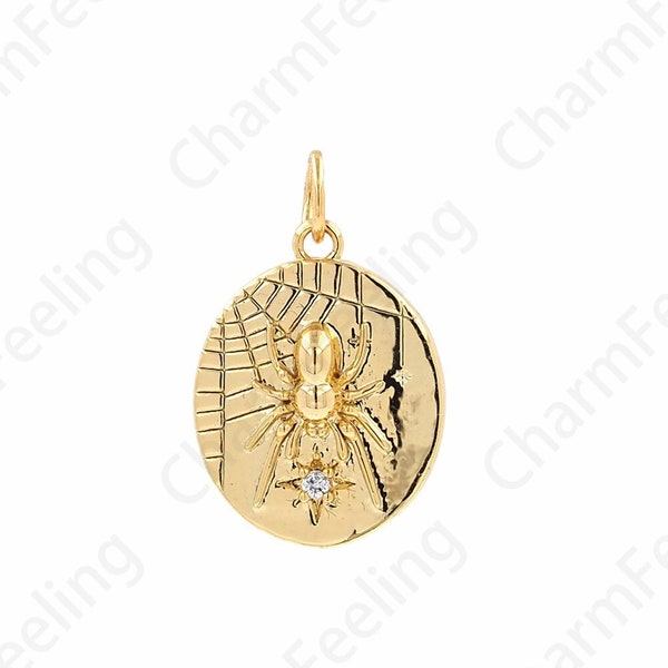 Spider Pendant, Micropavé CZ Insect Necklace, 18K Gold Filled Insect Charm, Spider Charm, DIY Jewelry Supplies, 13.8x20.1x3.5mm
