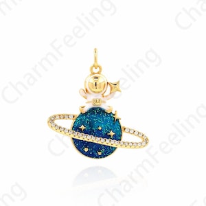 Micropavé CZ Planet Pendant, 18K Gold Filled Saturn Necklace, Space Bracelet, Enamel Star Pendant, DIY Jewelry Accessories 27x25x5mm