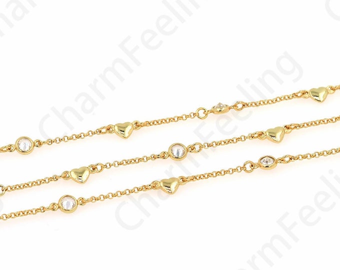 Micropavé CZ Brass Chain, 18K Gold Filled Heart Chain,Welded Chain,Semi-Finished Chain,DIY Jewelry Necklace Bracelet Making Chain,4.5mm