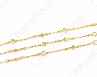 Cross Chain, Unfinished Chain, 18K Gold Filled Round Chain, Welded Chain, Micropavé CZ Religious Chain, DIY Jewelry Supplies, 5.5mm