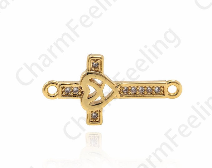 Shiny Gold-Plated Heart-Shaped Cross Connector, CZ Cross Pendant, Religious Charm, Gift Supply Results 10.5x20.5x1.8mm 1pcs