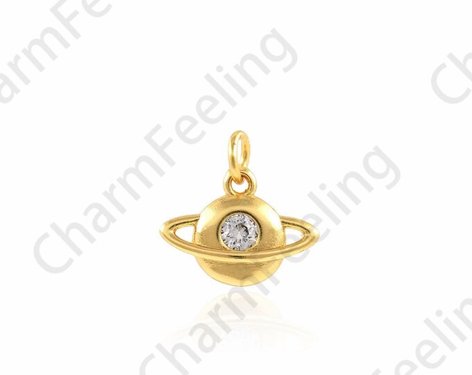 Planet Pendant, Micropavé CZ Saturn Charm, Saturn Necklace, 18K Gold Filled Planet Charm, DIY Jewelry Accessories, 12x11.5x2.2mm
