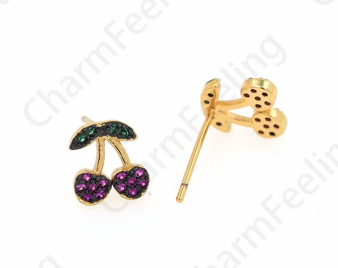 Cherry Earrings, Fruit Earrings, Micropavé CZ Fruit Charm,18K Gold Filled Cherry Stud Earrings, Cherry Charm,DIY Jewelry Supplies, 8.5x7.5mm