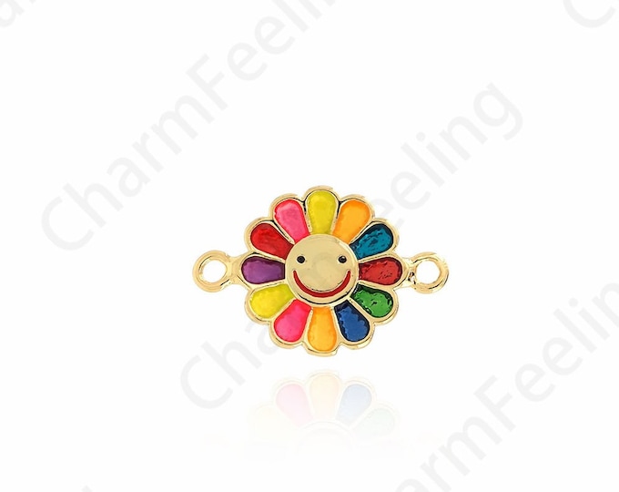 Lucky Connector,Round Connector, Enamel Connector, 18K Gold Filled Smile Connector, Flower Connector, DIY Jewelry Supplies, 10x14.5x1.2mm