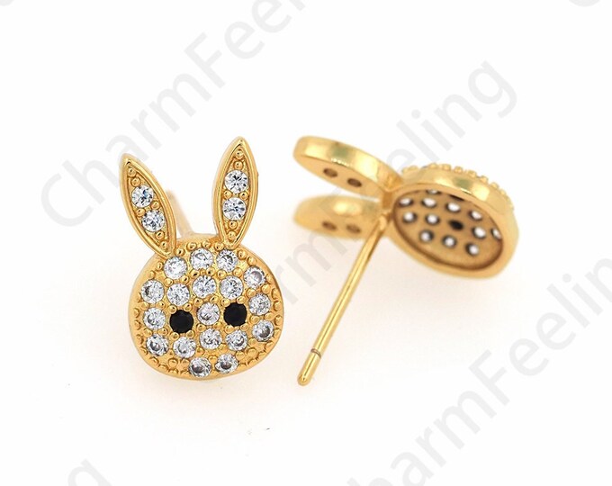 Rabbit Stud Earrings, Micropavé CZ Rabbit Charm, Animal Earrings, 18K Gold Filled Cute Earrings, DIY Jewelry Supplies, 8.4x12.8mm