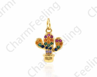 Colorful Zircon Cactus Pendant, Micropavé CZ Cactus Necklace, 18K Gold Filled With Plant Charm, Desert Plant Pendant, 11.5x18x2.2mm