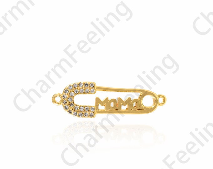 Safety Pin Charm, MicroPave Safety Pin Linker, 18K Gold Filling Charm Connector, DIY Jewelry Making Accessories 26x8x2mm