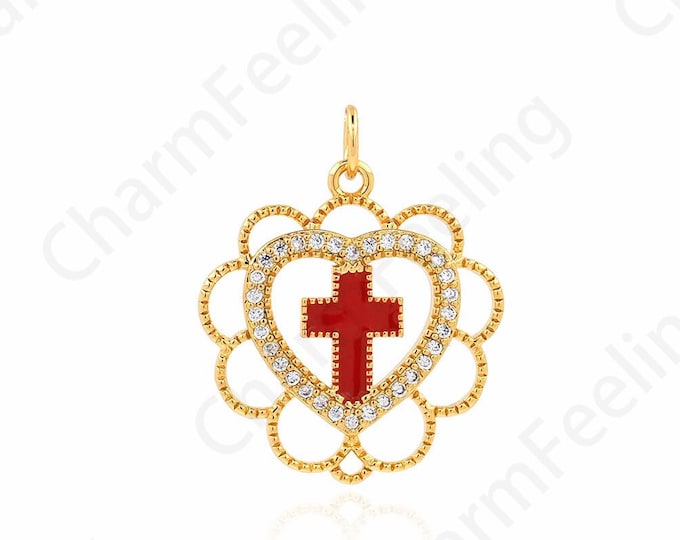 Enamel Charm,18K Gold Filled Heart Pendant,Heart Charm, Religious Charm,Micropavé CZ Cross Necklace,DIY Jewelry Supplies,25.5x20.5x2mm