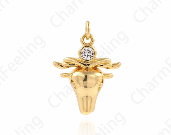 Bull Head Pendant, Micropavé CZ Animal Necklace, 18K Gold Filled Cow Charm, Wild Animal Charm, DIY Jewelry Supplies, 19.5x13x3.6mm