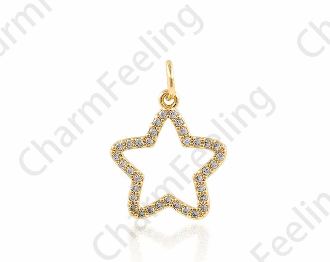 Micropavé CZ Five-pointed Star Necklace, Star Pendant, Hollow Star Charm, 18K Gold Filled Star Pendant, DIY Jewelry Components 14.5x19x2.3mm