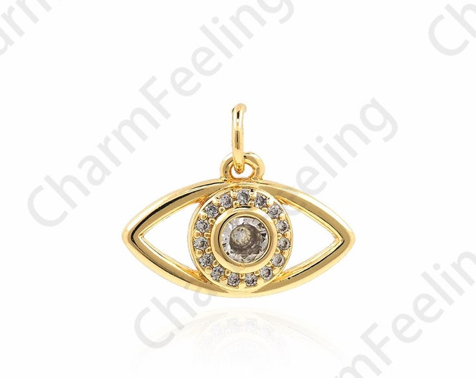 Eye Pendant, Beautiful Eye Necklace, Micropavé CZ Eye Charm, 18K Gold Filling The Third Eye Charm, DIY Jewelry Accessories, 14x17x3mm