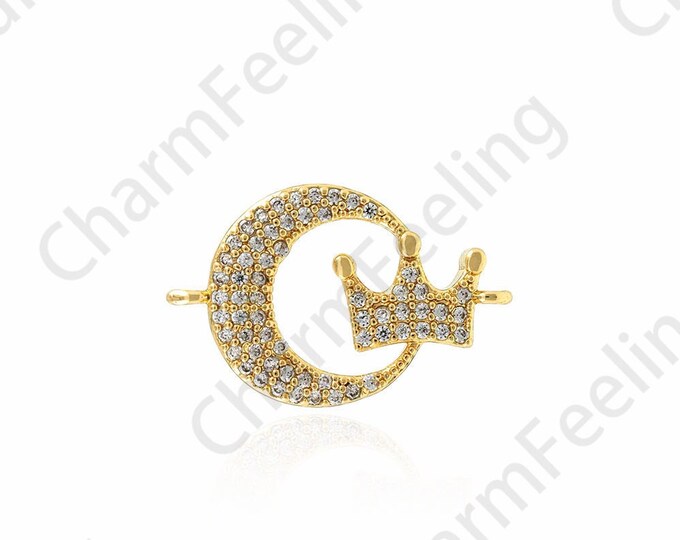 Moon Connector, Crown Connector, Micro-pavé CZ Crescent Charm, Crown Charm, DIY Bracelet Necklace Making Accessories, 24x15.5x3mm