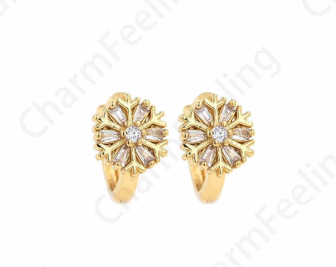 Flower Charm,Micropavé CZ Snowflake Earrings,18K Gold Filled Round Earrings,Bone Clip Earrings,DIY Jewelry Supplies,13x15x8.5mm