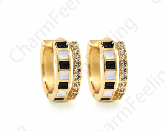 Piano Earrings,Round Earrings,Pierced Earrings, Micropavé CZ Enamel Earrings,18K Gold Filled Enamel Charm, DIY Jewelry Supplies,14x12.5x5mm