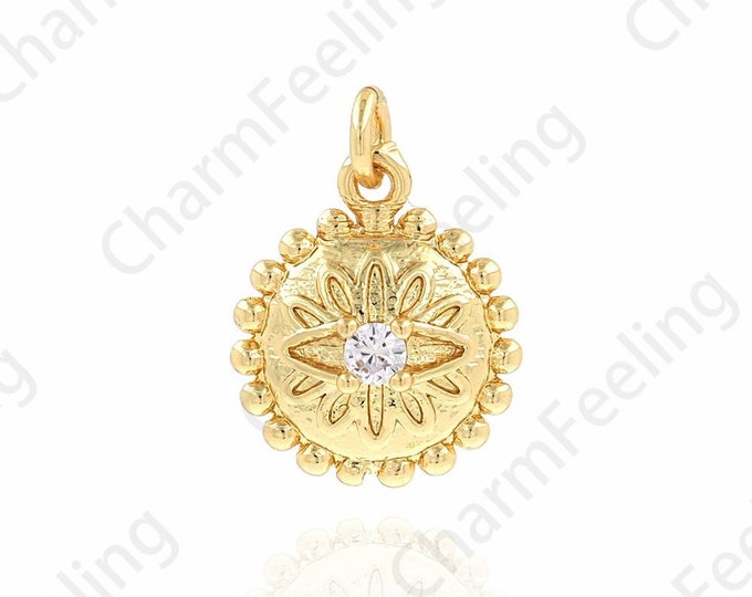Round Pendant, Flower Charm, 18K Gold Filled Plant Necklace, Flower Pendant, Micropavé CZ Round Charm, DIY Jewelry Supplies, 11.5x16x4mm