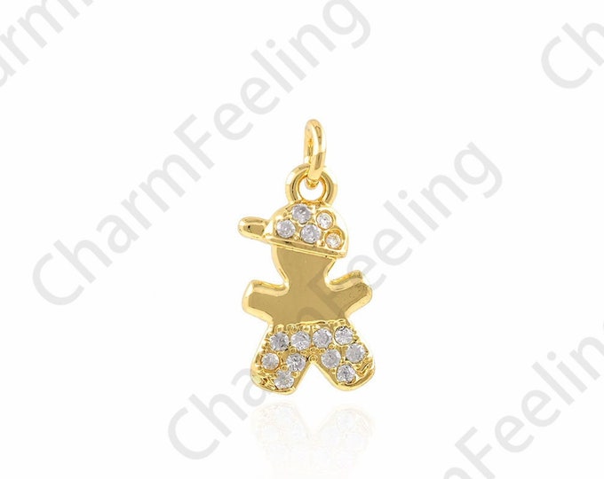 Biscuit Man Pendant, Character Charm, Micropavé CZ Cute Pendant, 18K Gold Filled Character Necklace, DIY Jewelry Accessories, 10x15x2mm