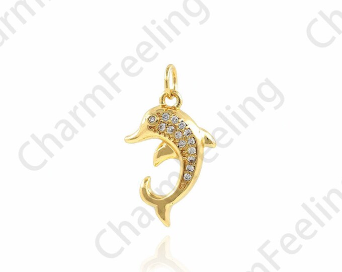 Dolphin Pendant, Dolphin Charm, 18K Gold Filled Marine Life Necklace, Micropavé CZ Nautical Charm, DIY Jewelry Accessories, 12.5x21.5x3.5mm