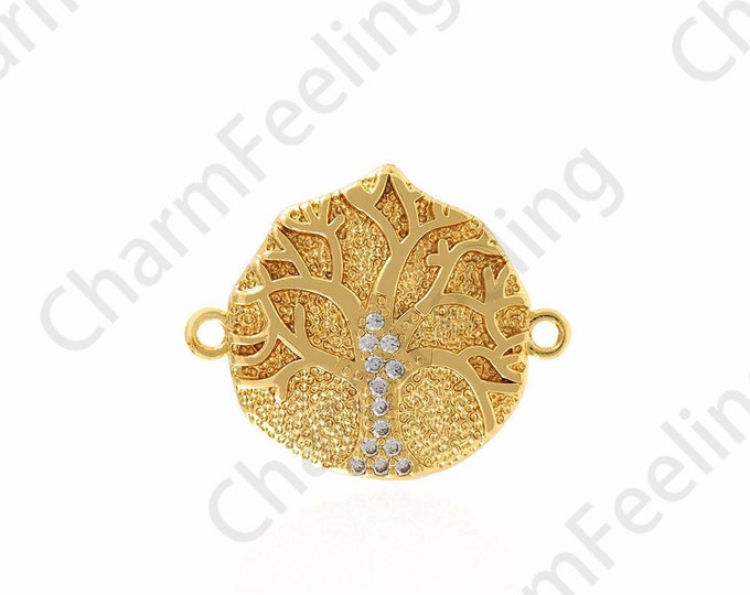 18K Gold Filling Tree Discovery,Micropaved CZ Tree Of Life Connector, Circular Tree Connector,DIY Jewelry Making Accessories 23x19x3mm