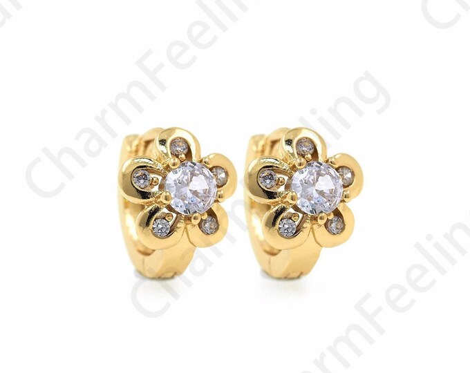 Micropavé CZ Flower Earrings,18K Gold Filled Round Earrings,Bone Clip Earrings,Micropavé CZ Flower Charm,DIY Jewelry Supplies,11.5x14x9.5mm