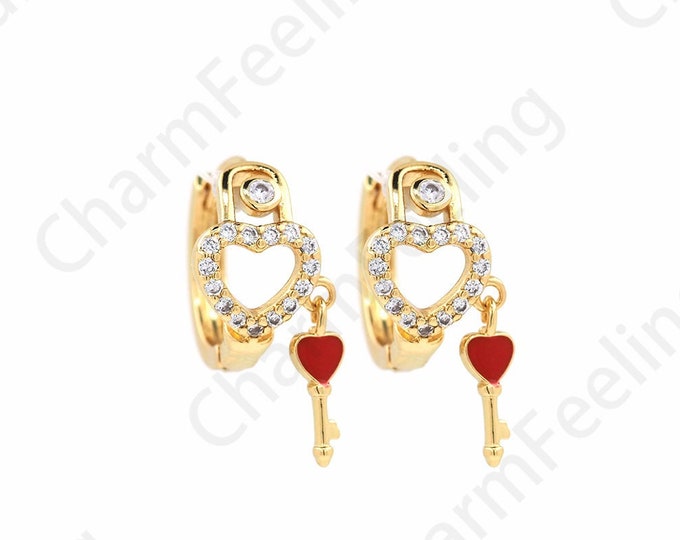 Key Earrings, Pierced Earrings, Micropavé CZ Love Earrings, 18K Gold Filled Love Charm, Enamel Earrings, DIY Jewelry Supplies, 13.5x14x9mm