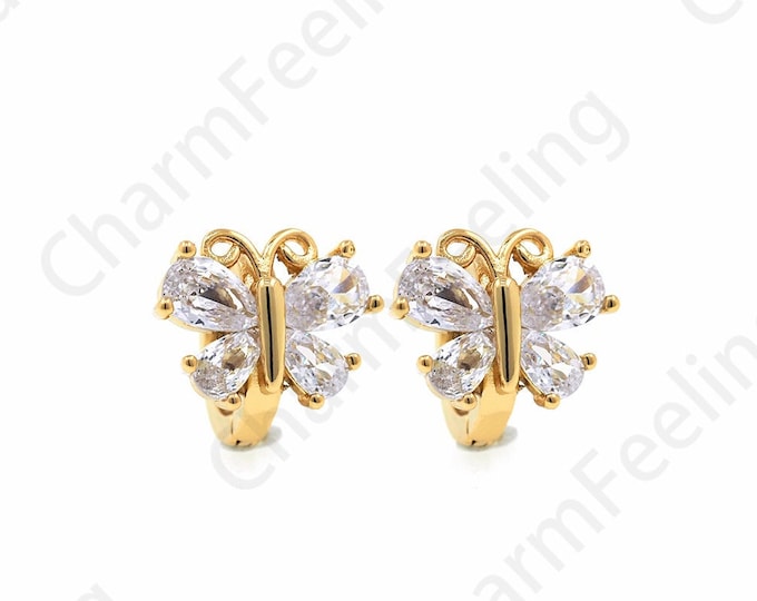 Insect Earrings, 18K Gold Filled Butterfly Earrings, Micropave CZ Butterfly Earrings, Butterfly Charm, Animal Charm 12x14x13mm