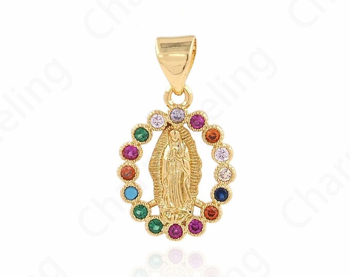 Virgin Necklace, Micropavé Cubic Zirconia Strip Pendant, 18K Gold Filled Virgin Mary Pendant, DIY Jewelry Components 20x12x1.7mm