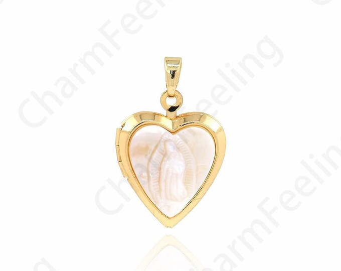 Heart Photo Frame Pendant, Shell Charm, 18K Gold Filled Virgin Charm, Shell Necklace, Religious Charm, DIY Jewelry Supplies, 26x17x5.8mm