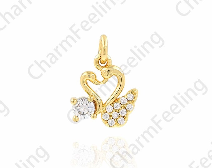 Swan Pendant, Micropavé CZ Heart Pendant, 18K Gold Filled Swan Charm, Bird Necklace, Bird Charm, DIY Jewelry Supplies, 9x12.5x2.5mm
