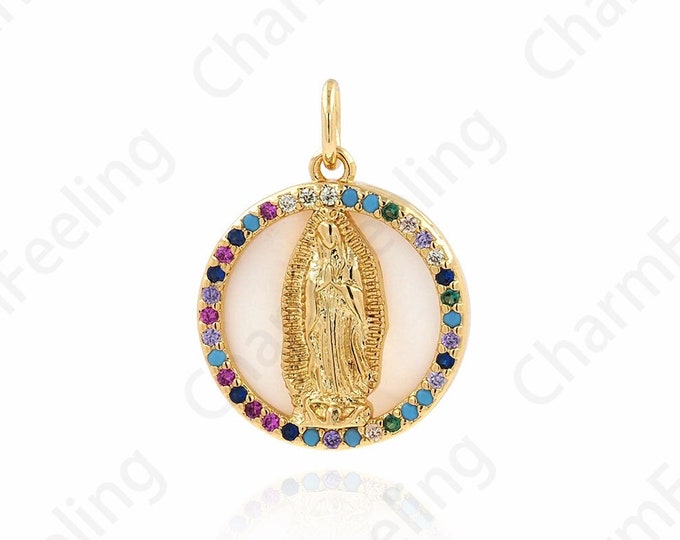 Micropavé CZ Religious Necklace, Shell  Maria Pendant, 18K Gold Filled Catholic Charm, Round Pendant, DIY Jewelry Supplies, 20.6X15.6X3.6mm