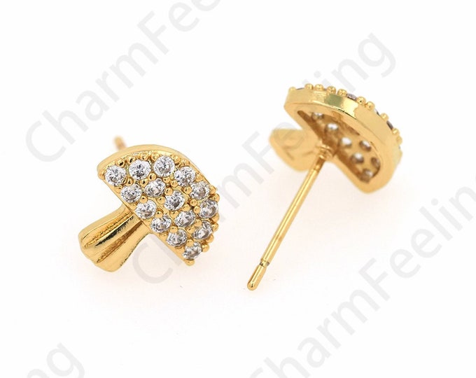 Mushroom Stud Earrings, Micropavé CZ Mushroom Charm, 18K Gold Filled Mushroom Earrings, Food Earrings, DIY Jewelry Supplies, 10x10mm