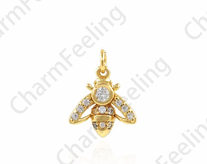 Bee Pendant, Insect Necklace, Micropavé CZ Bee Charm, 18K Gold Filled Animal Necklace, Animal Charm, DIY Jewelry Accessories, 11x15x2.5mm