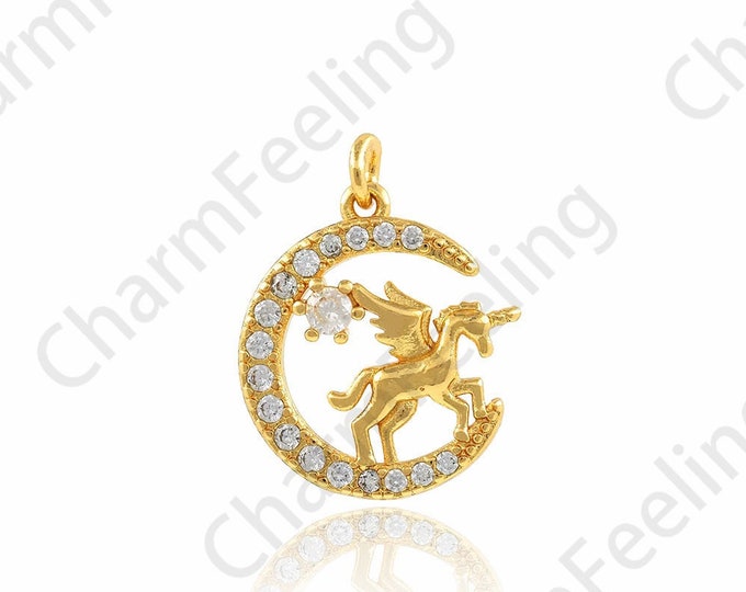 Moon Pendant, 18K Gold Filled Crescent Charm, Unicorn Pendant, Mysterious Creature Necklace, Horse Pendant, Horse Charm, 15.5x19x2.8mm