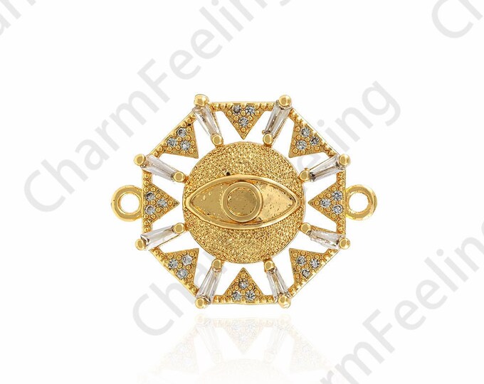 Rectangular Connector, Eye Connector, Micro-pavé CZ Eye Charm, Bracelet Necklace Connector, 18K Gold Filled Lucky Eye Charm, 22.5x18.5x3mm
