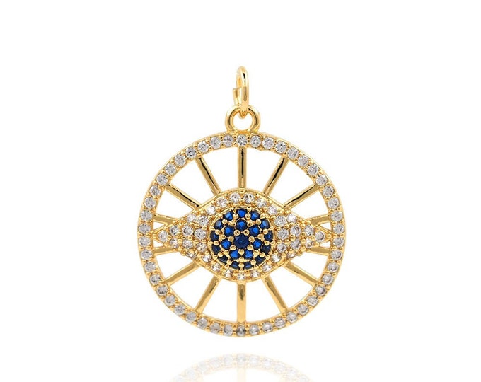 Lucky Eye Charm, 18K Gold Filled Eye Necklace, Micropavé CZ Round Magic Eye Pendant, Round Pendant, Coin Charm 25.5x19.5x5mm