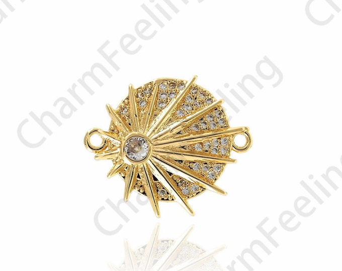 18K Gold Filled With Sun Charm, Sun Connector, Sun Charm, Micropaved CZ Circular Connector, DIY Bracelet Necklace Accessories, 21x17.5x2.5mm