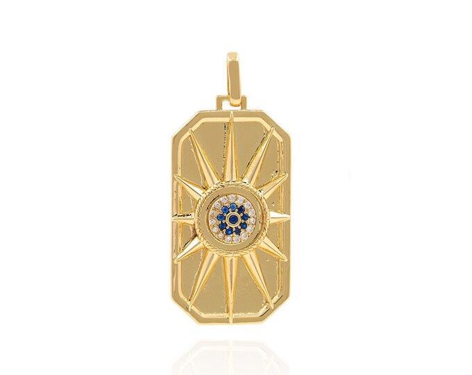 Sun Eye Pendant, Micropavé CZ Square Necklace, 18K Gold Filled Sun Charm, Eye Charm, DIY Jewelry Supplies, 41x18x4mm