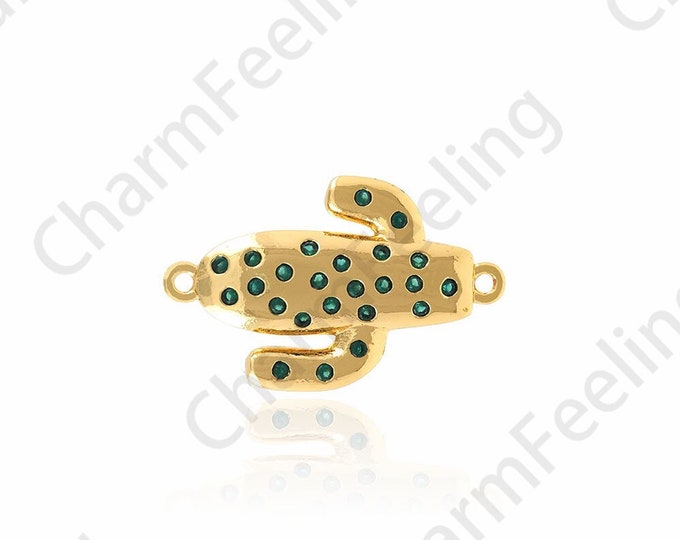 18K Gold Filled Cactus Connector, Cactus Charm, Micro-paved CZ Plant Charm, DIY Bracelet Necklace Accessory, 26x16.5x2.7mm