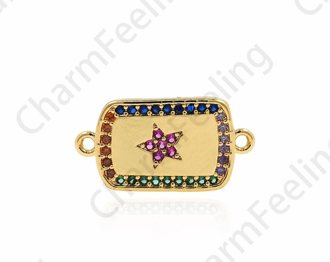 Micropave CZ Rectangular Connector, Zircon Connector, Rectangular Charm, 18K Gold Filled Star Connector, Polaris Charm, 10x20x1.8mm