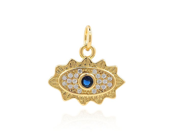 Eye Pendant, Devil's Eye Necklace, Micropavé CZ Lucky Eye Charm, 18K Gold Filled Eye Charm, DIY Jewelry Supplies, 15x15x2.5mm