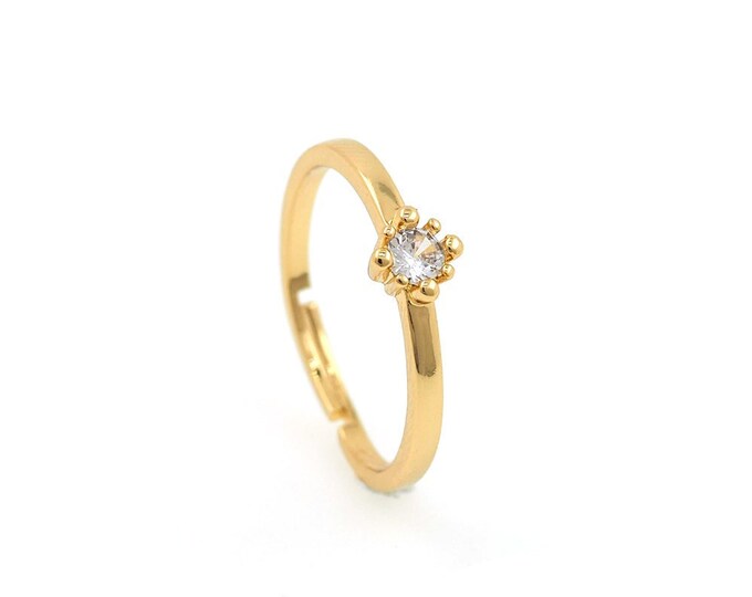 Adjustable Ring, Stacking Ring, 18K Gold Filled Minimalist Thin Ring, Micropavé CZ Daily Ring, Gold Open Ring