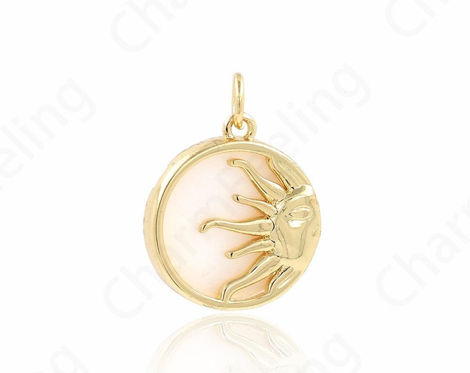 Sunshine Pendant,18K Gold Filled Round Coin Pendant, Sun Necklace, Micropavé CZ Shell Charm, DIY Jewelry Accessories 16x21x4mm