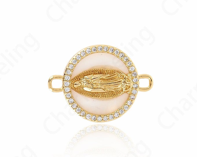 Round Shell Connector,Micropavé CZ Religious Connector,18K Gold Filled Catholic Charm,Religious Charm,DIY Jewelry Supplies,16x22x3.5mm