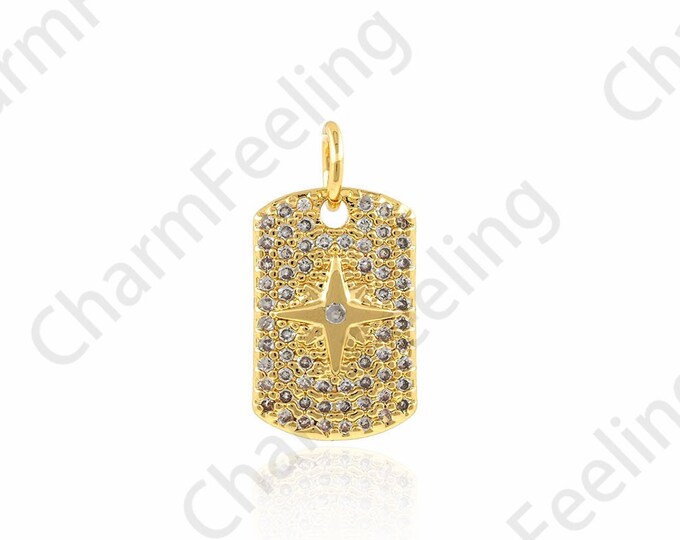 Rectangular Pendant,Medal Charm,18K Gold Filled Star Pendant,Polaris Charm,Micropavé CZ Starburst Pendant,DIY Jewelry Accessories,9x17x1.8mm