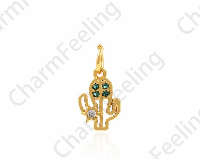 Cactus Pendant, 18K Gold Filled Cactus Necklace, Micropavé CZ Plant Charm, Desert Charm, DIY Jewelry Accessories, 6.5x14x2.2mm