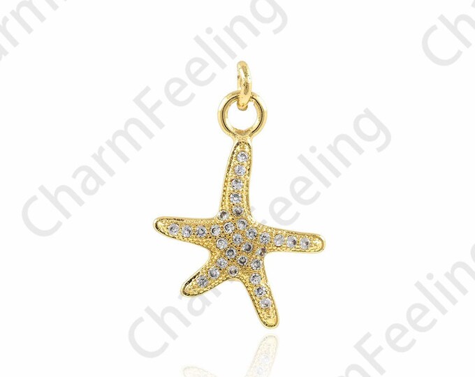 Micropavé CZ Nautical Charm, Marine Life Necklace, Starfish Pendant, 18K Gold Filled Starfish Charm, DIY Jewelry Accessories,15x23x1.8mm